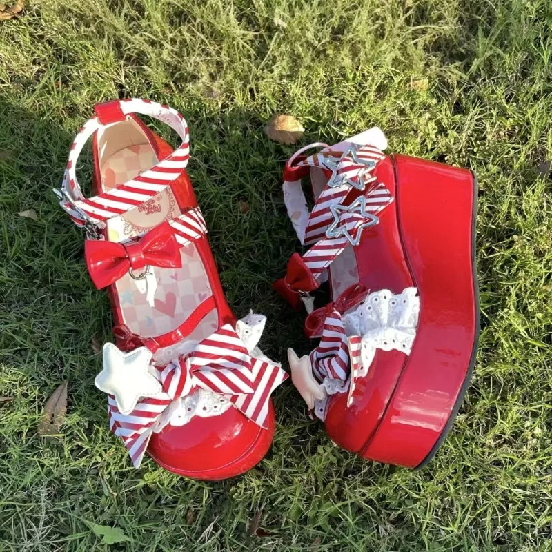 

Slope Heel Lolita High Heels Handmade DIY Star Bow High Heels Women's Shoes Japanese Sweet Girl Tea Party Single Shoes