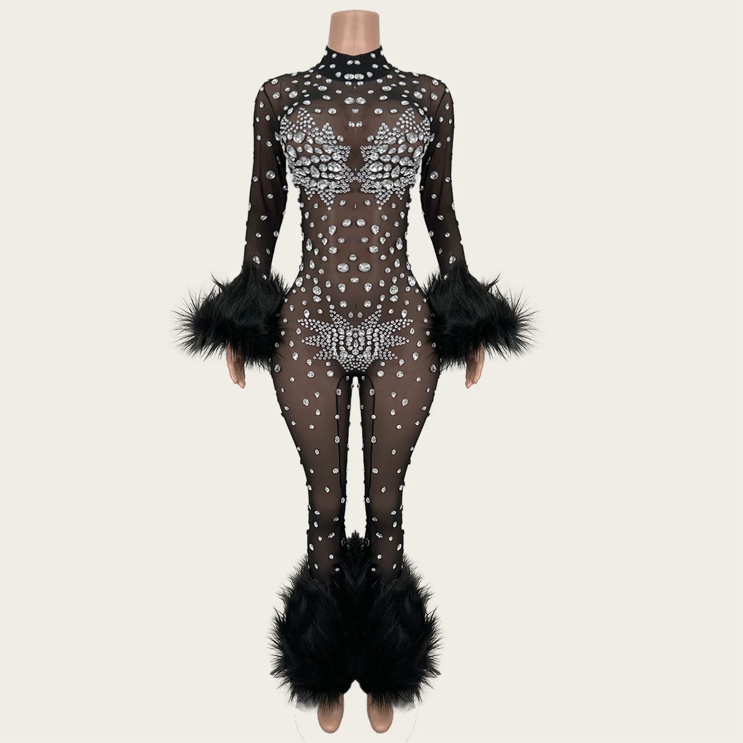 

Sexy Sparkly Crystal See Through Mesh Jumpsuit Women Fluffy Bodycon One Piece Clubwear Fitness Outfits High-end Costume Guibin