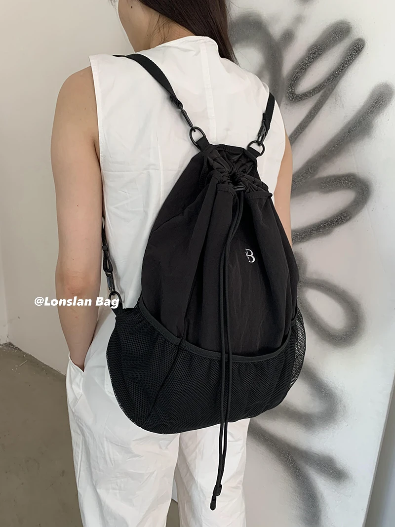 Mochila de viagem para mulheres, estilo cool meninas, cor sólida, cordão, nylon, bolsa de ombro, design de nicho, Y2k, fêmea