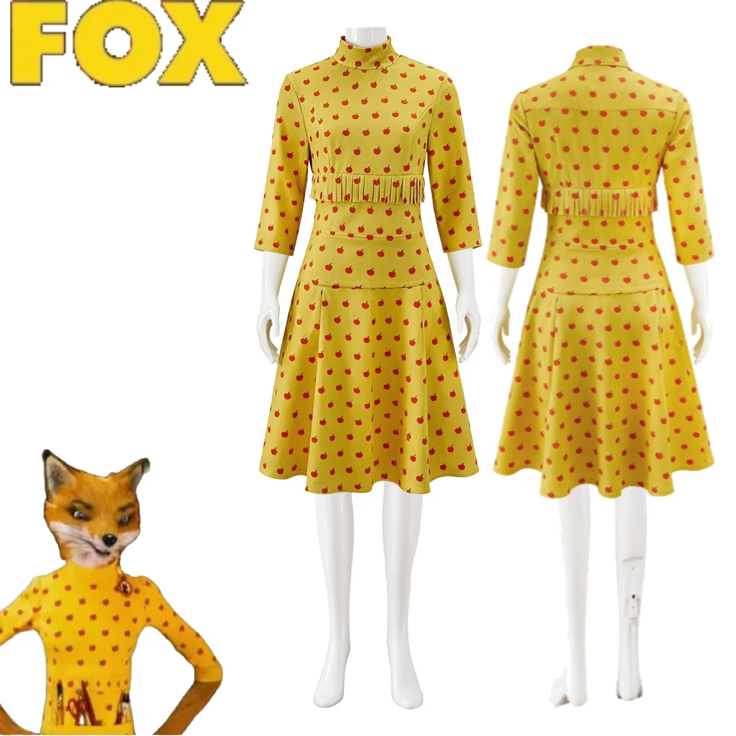 Fantástico Disfraz de Cosplay de Mr. Fox y Mrs. Felicity Fox, Vestido Amarillo para Mujer, Traje de Personaje de Película de Dibujos Animados para Halloween y Uso Diario