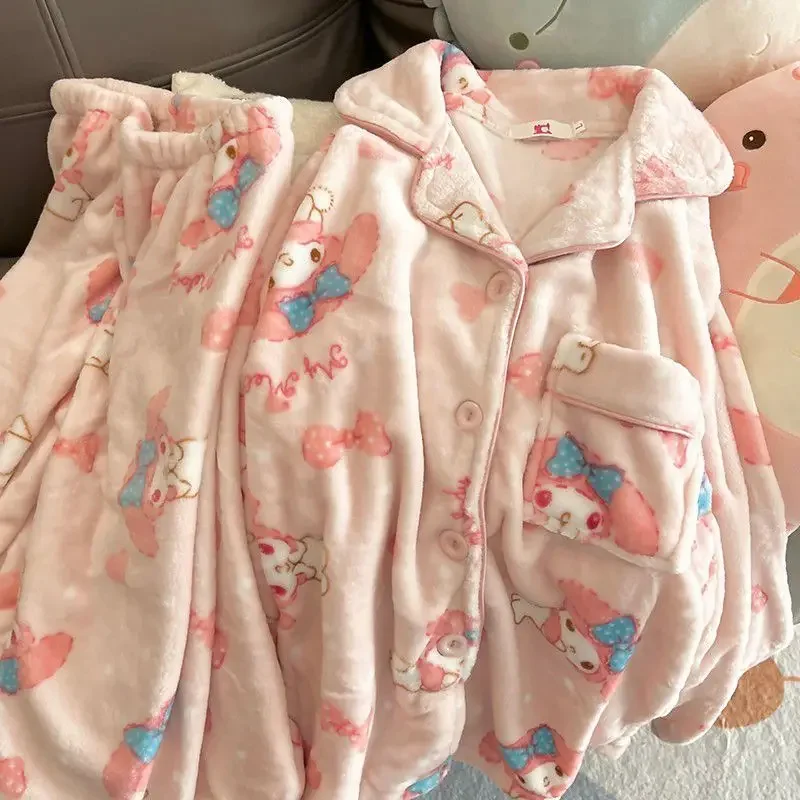 Hello Kitty Love Polka Dot Coral Velvet Pajamas Female 2024 Fall and Winter Thickened Plush Cute Kuromi Pajamas Homewear Suit