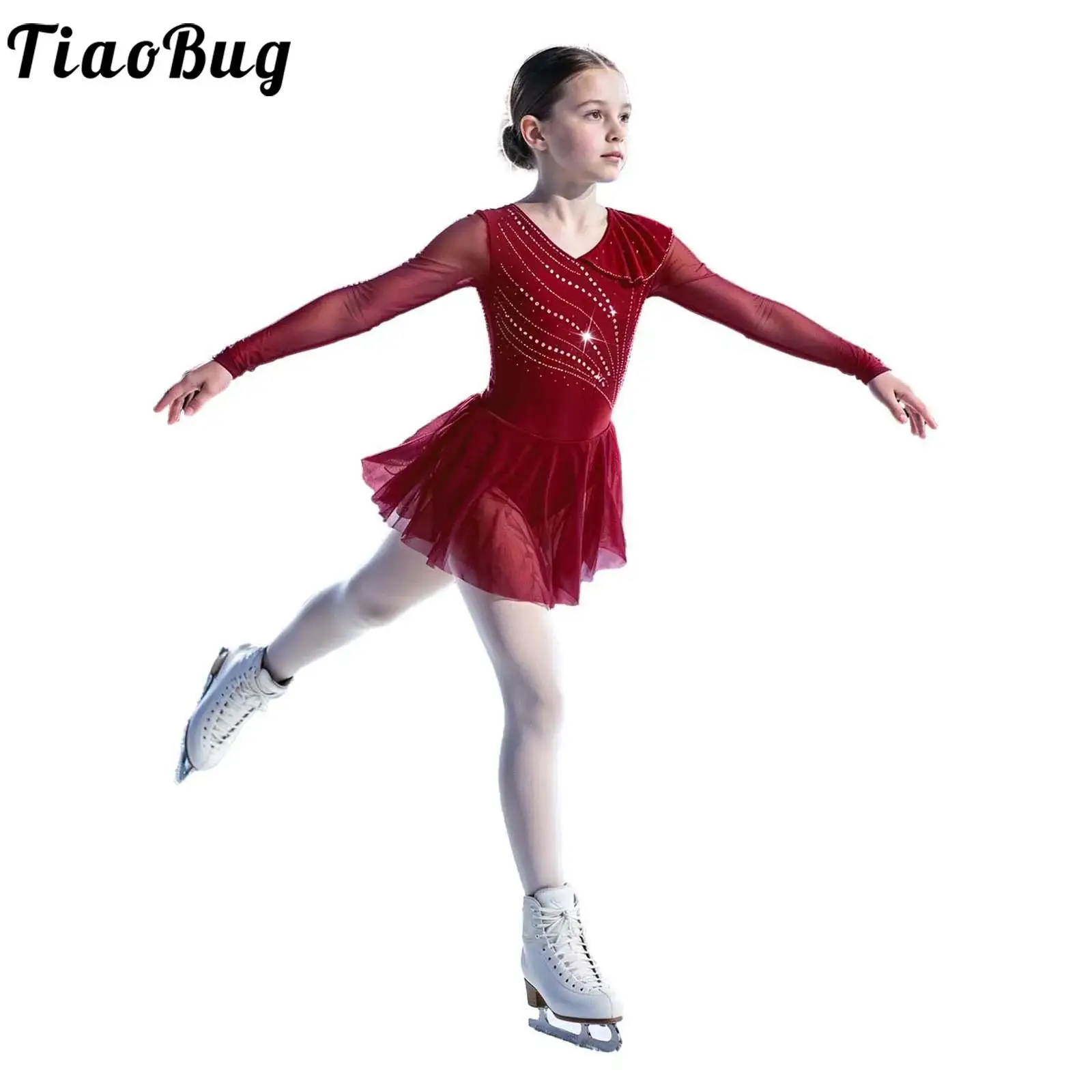 Kids Girls Figure Ice Skating Rhythmic Gymnastics Costume Long Sleeves Shiny Rhinestone Mesh Lyrical Ballet Dance Dress Leotard