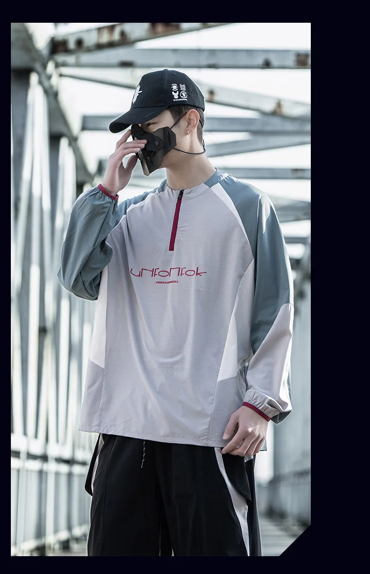 Contrast Color Design Quick Dry Half-zipper Cycling Hoodies Summer Man High Street Outdoor Tactical Long Sleeve Tops