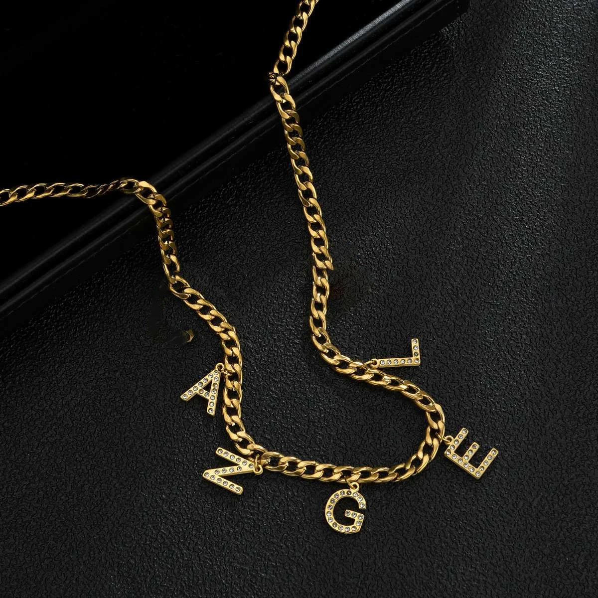 Atoztide Personalized Custom Zircon Letter Name Necklace for Women Stainless Steel  Pendant Figaro Chain Birthday Jewelry Gift