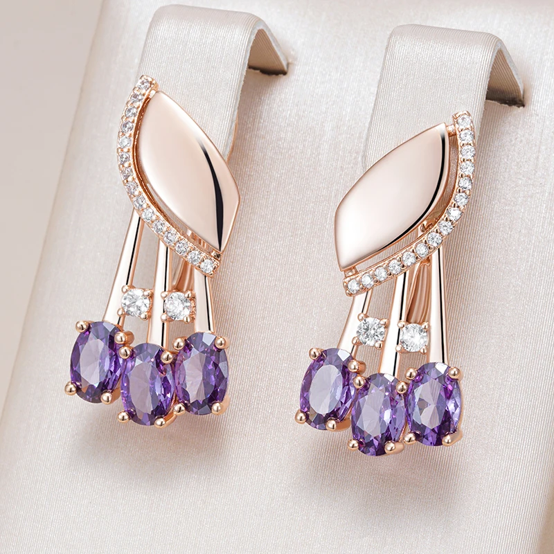 Kinel Hot Shiny Purple Natural Zircon English Earrings For Women Fashion 585 Rose Gold Color Crystal Flower Daily Fine Jewelry
