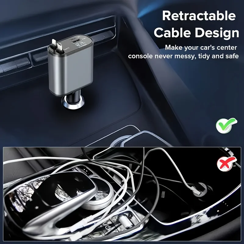 4 In 1 Fast Car Phone Charger, 180 °   Free Adjustment Direction, 2.6 Ft Retractable Cord USB C Port, For Ios And Type C Phone view 6