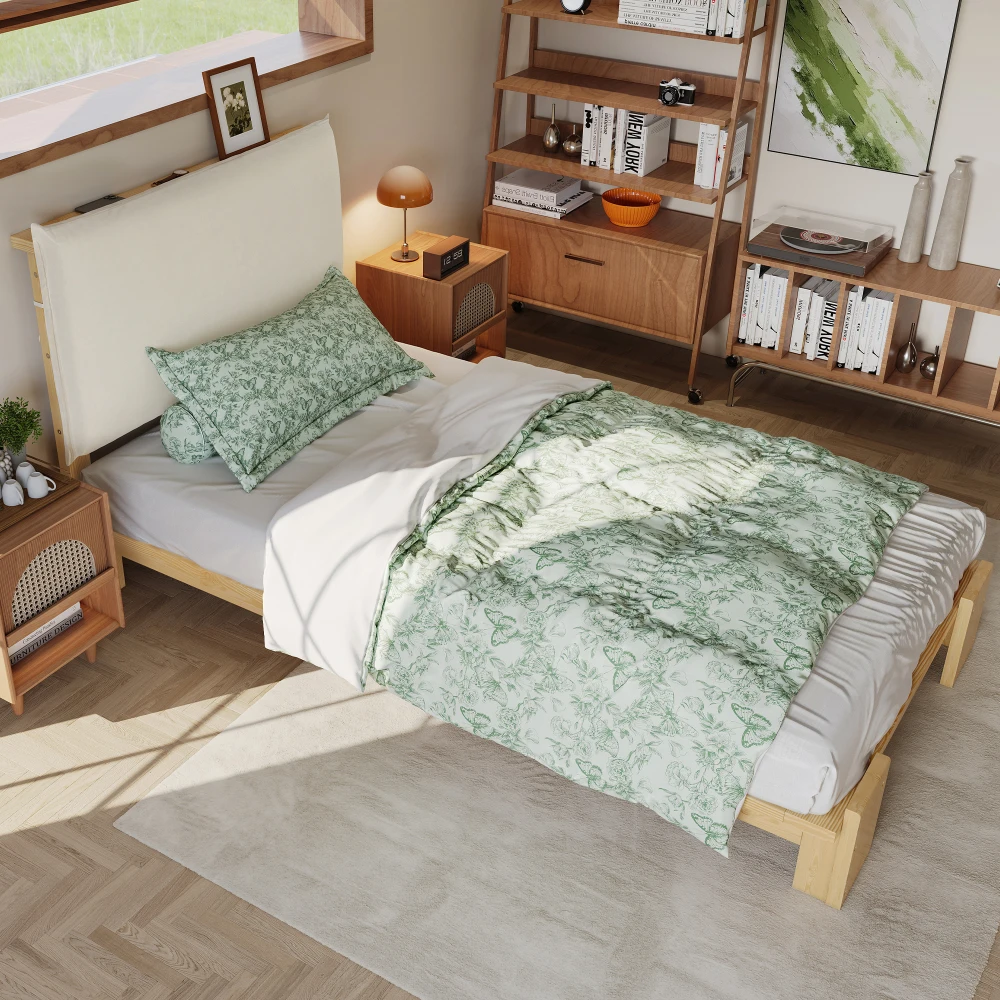 PINGGO Samtbezogenes Einzelbett für Kinder, weiche Rückenlehne, stabiler Rahmen, 90 x 200 cm, Bettgestell aus Kiefernholz, Schaumstoff und Sperrholz, ohne Matratze – Detail 5