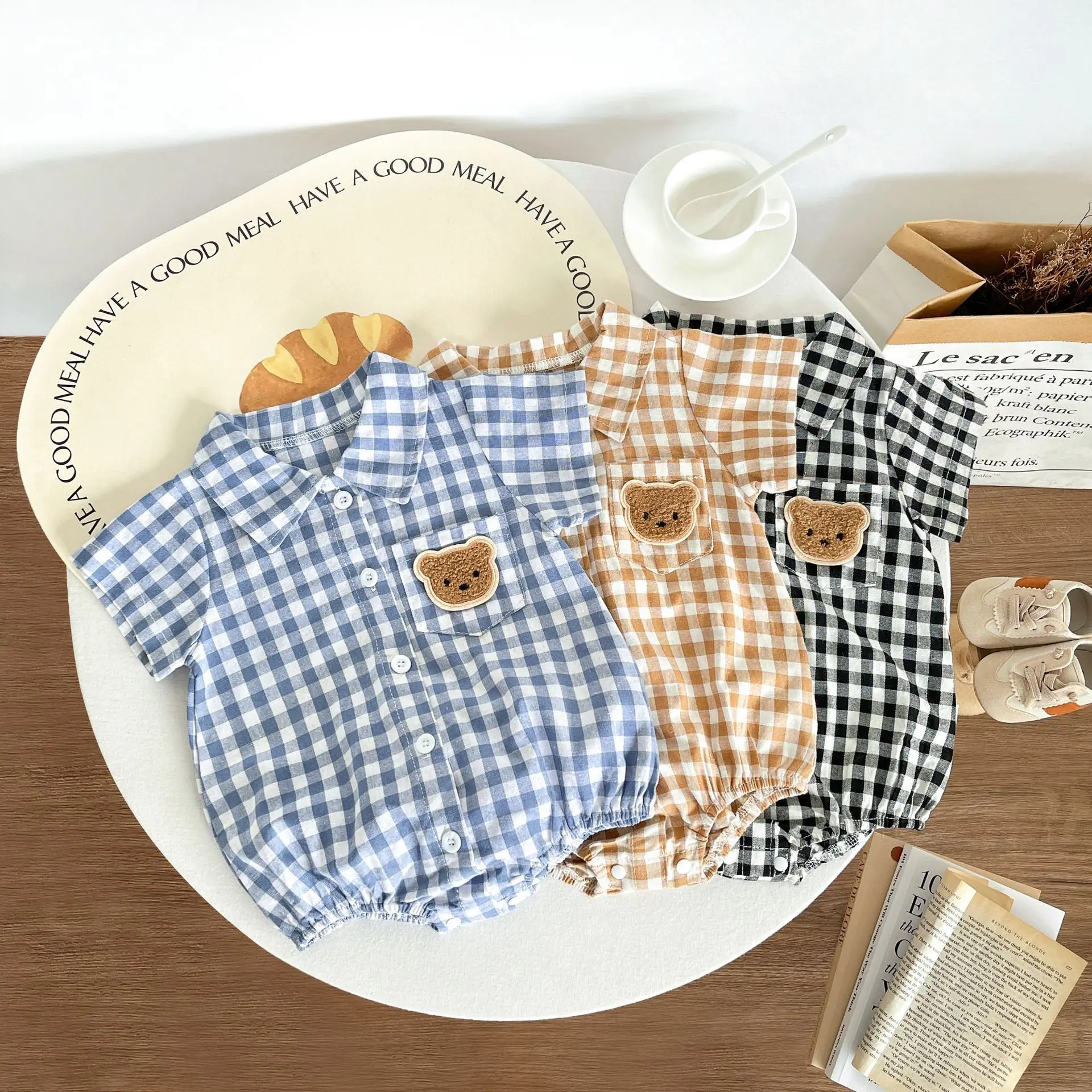 

1-3T Ins Children's Clothing Summer Boys' Gentleman Shirt Collar Jumpsuit Plaid Baby Checkered Bear Thin Bag Bottom Coat