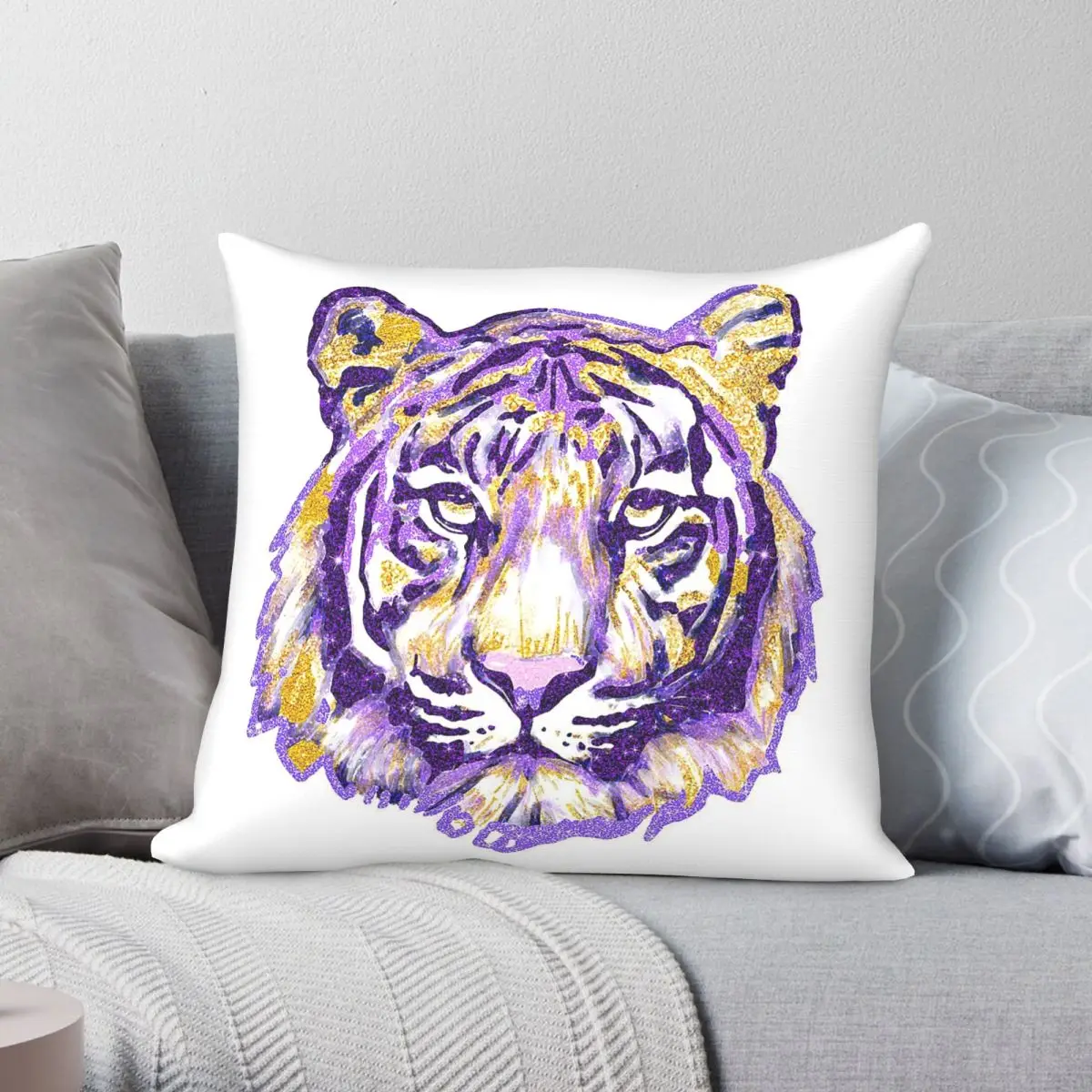 Purple Gold Tiger Head Square Pillowcase Polyester Linen Velvet Pattern Zip Decorative Pillow Case Bed Cushion Cover
