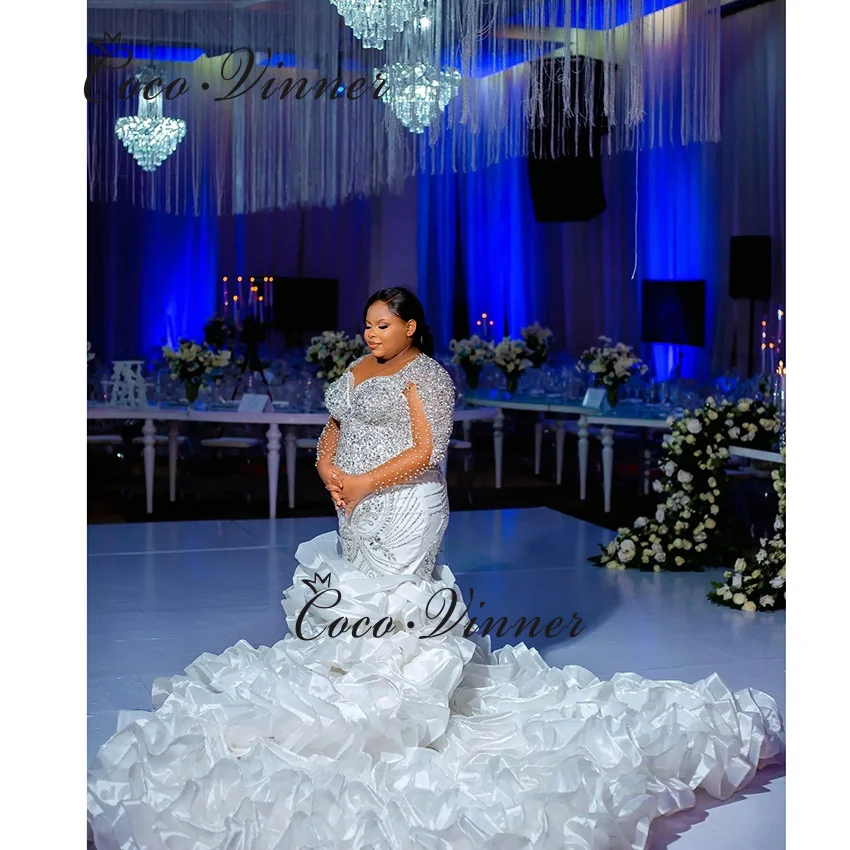 تخصيص الأورجانزا الكشكشة حورية البحر فستان الزفاف أفريقيا نمط طويل الأكمام الثقيلة الديكور فساتين الزفاف الفاخرة حورية البحر W1441