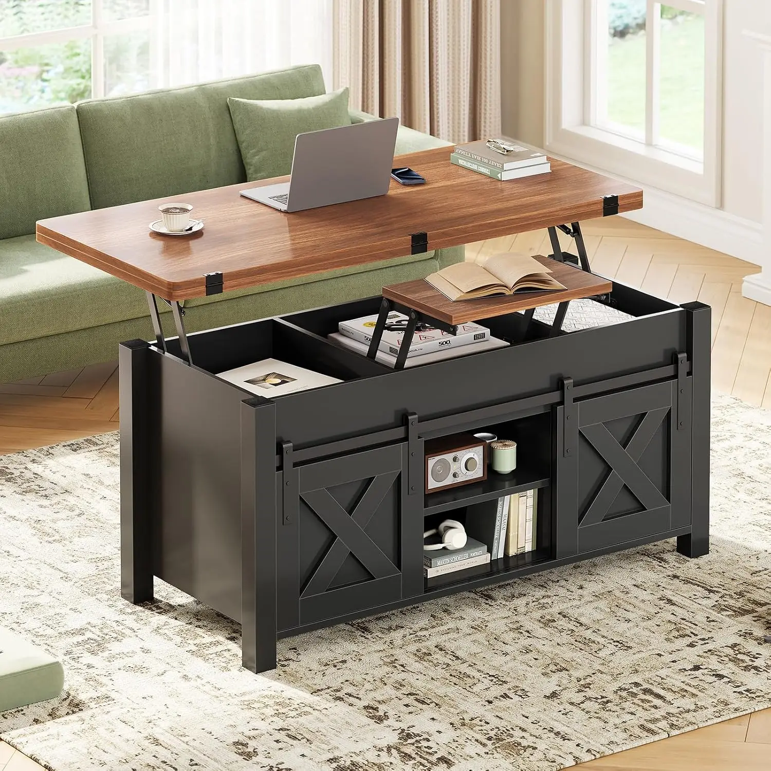 Lift Top Coffee Table with Storage & Hidden Compartment, 4 in 1 Convertible Dining Table for Small Room, Black Brown, Customized