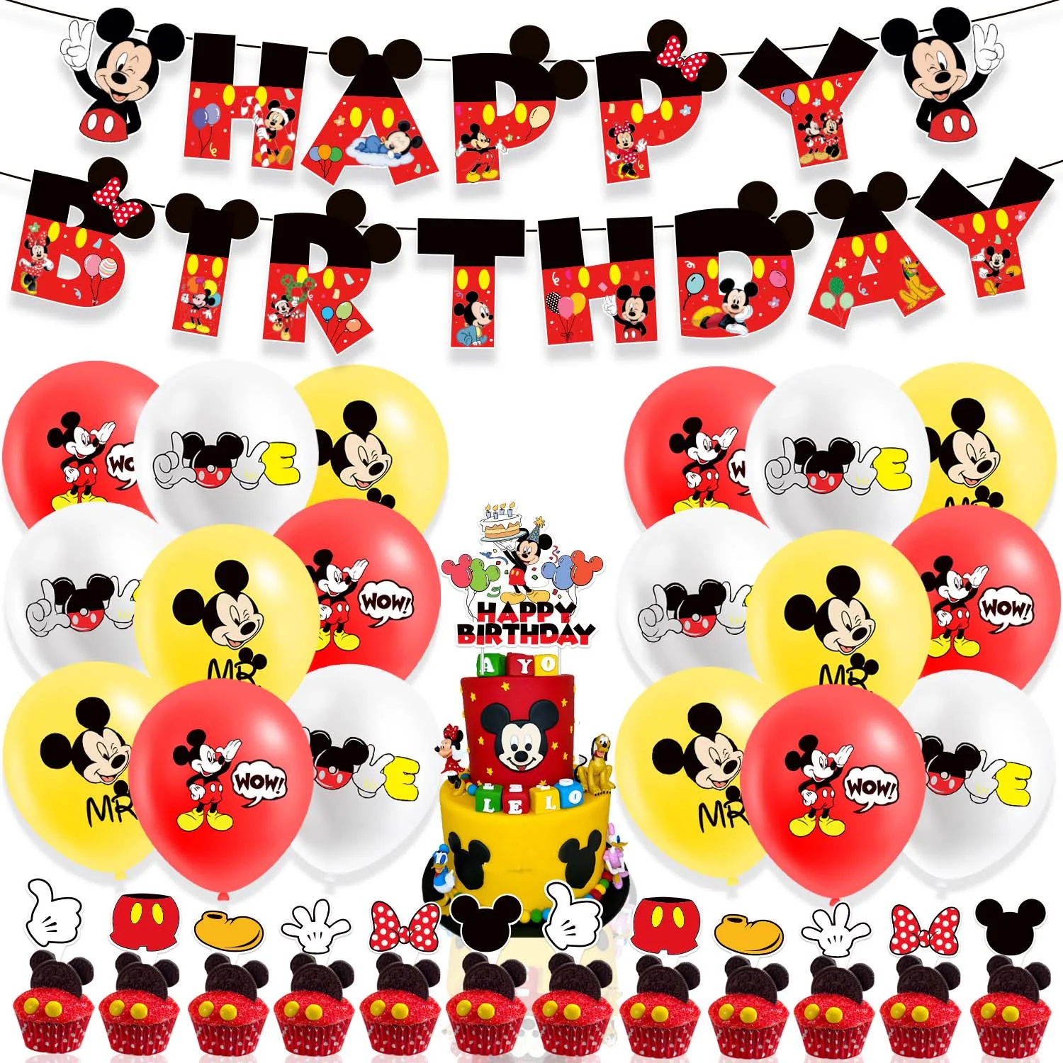 Decoración de cumpleaños de Mickey Mouse para niños, globos desechables, vajilla, Pancarta, tazas, colgante, suministros para Baby Shower, regalo