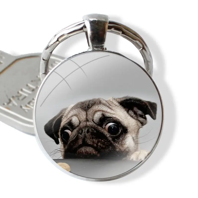 Funny Cute Pug Glass Metal Pendant Key Chain Classic Men Women Key Ring Accessories Jewelry Gifts