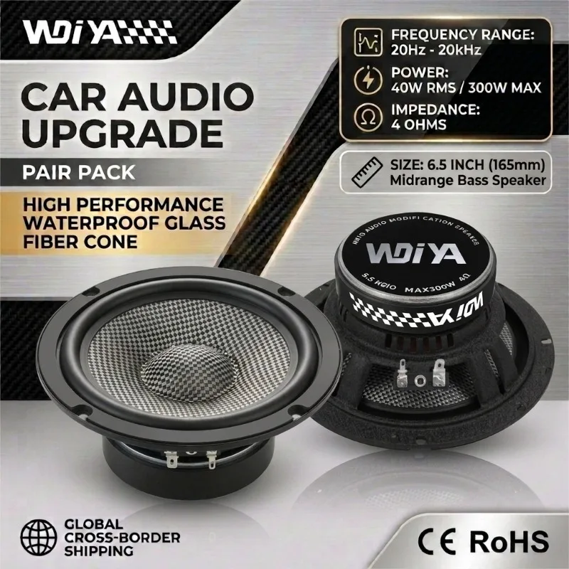 2 Pcs 6.5 Inch Car Subwoofer Powerful Bass 300W Peak Midrange Bass Speaker Carbon Fiber Basin 4 Ohm Audio Car Speakers Component