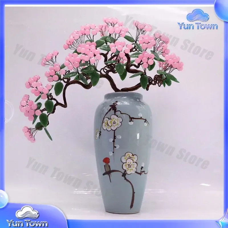 Natural Pink Chalcedony Crystal Fortune Tree Home Ornament for Vase Shape Retro Classical Chinese Zen Decor for Living Room