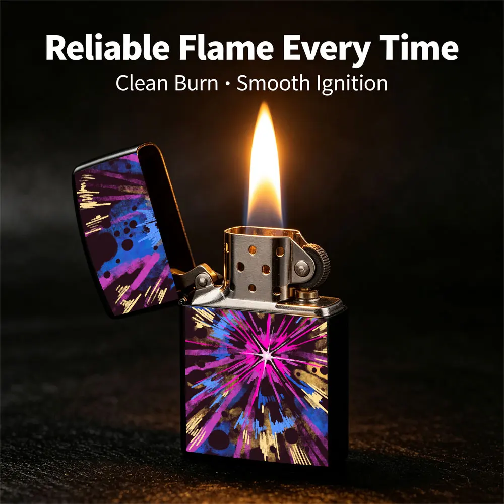 Pocket Lighter, Flip Top Windproof, Tie Dye Starburst Pattern, Metal Shell, Ergonomic Grip, Portable Design