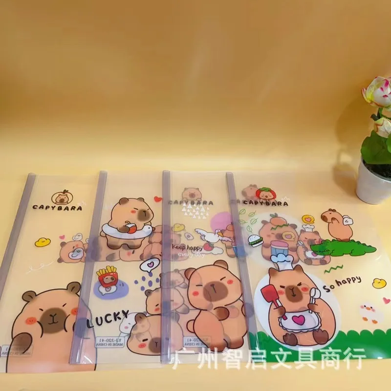 Capybara Cartoon A4 Sliding Report File Folder, Paper Slide Grip, Cover Document File Holder, 40 Sheets, 4Pcs Set