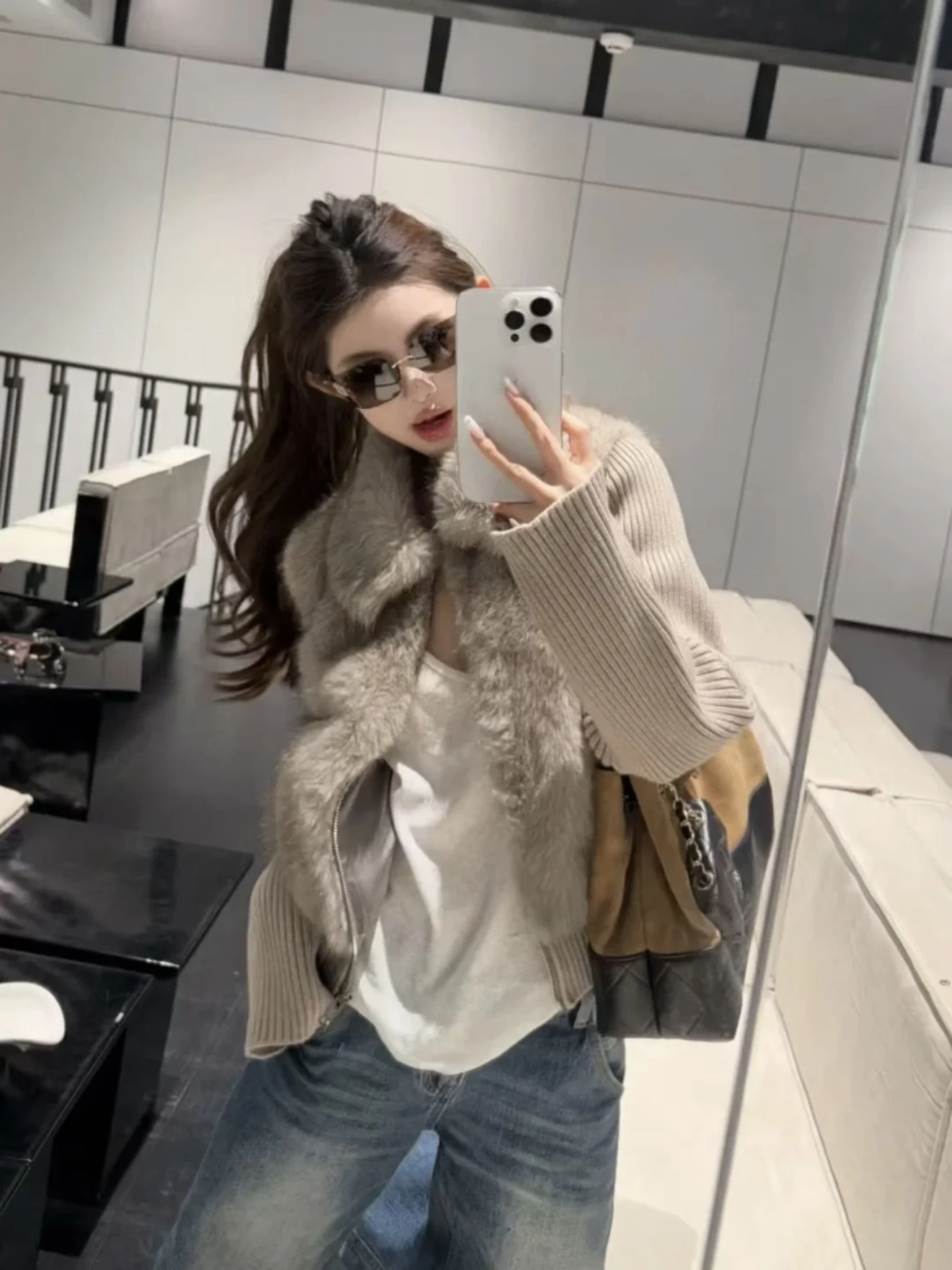 

TheLike Original Design Detachable Vest Fur Outerwear Slim Fit Women's Jaet Easy Cleaning Whole Skin Long Sve Commute Sle