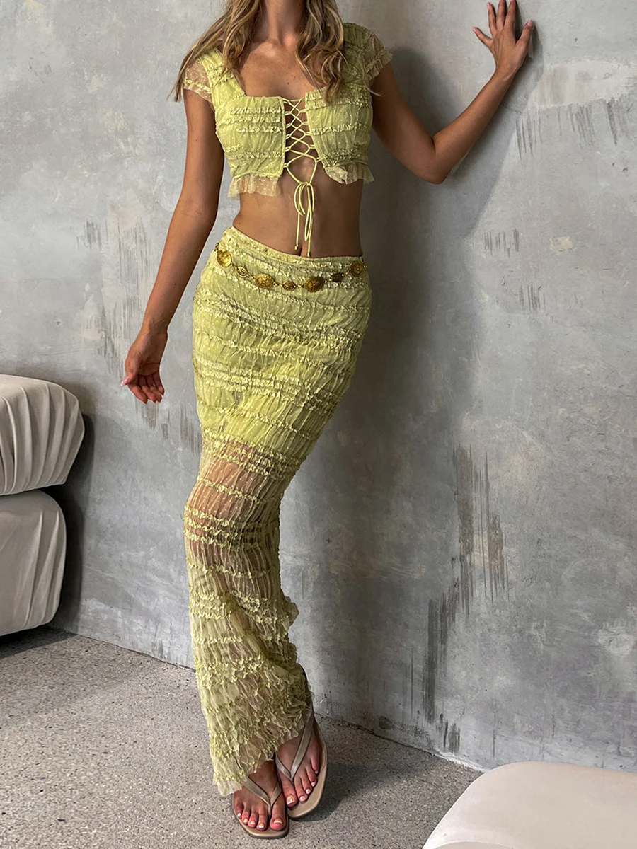 Women's Summer 2Pcs Outfits Cap Sleeve Square Neck Front Tie-up Crop Tops + High Waist Long Skirt Set Party Clothes