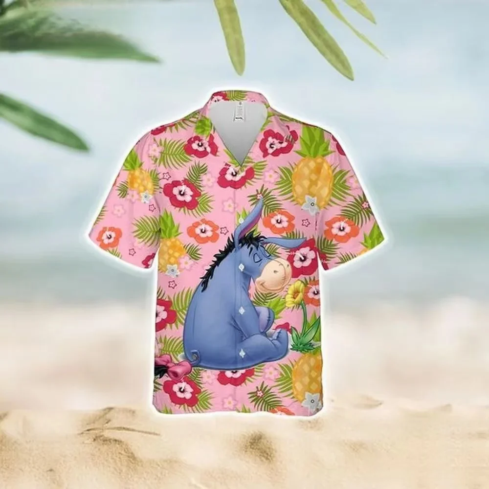 New Disney Hawaii 3d Printed Shirt New Men's and women's fashion Cute Eeyore Disney button Boy shirt Beach Kids parent-child clo