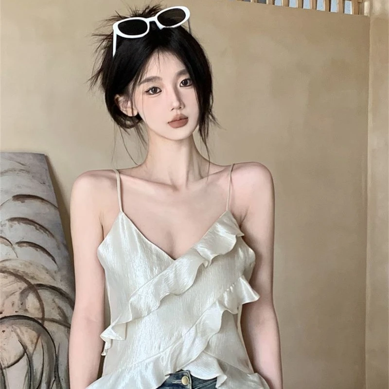Sexy Spice Girl Flounced Low-necked Suspender Vest 2025 Summer Design Slim Backless Women's Top