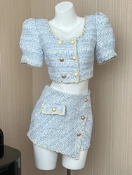 QOERLIN Stylish Sky Blue Tweed 2 Piece Set Double-Breasted Short Suit Coat High Waist Zipper Mini Skirt Two-Piece Women Outfit