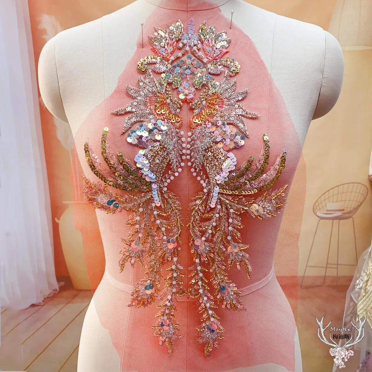 Vestido de novia de encaje bordado con cuentas de lentejuelas y escamas de pescado dorado champán, vestido de noche, disfraz de escenario, accesorios de costura DIY