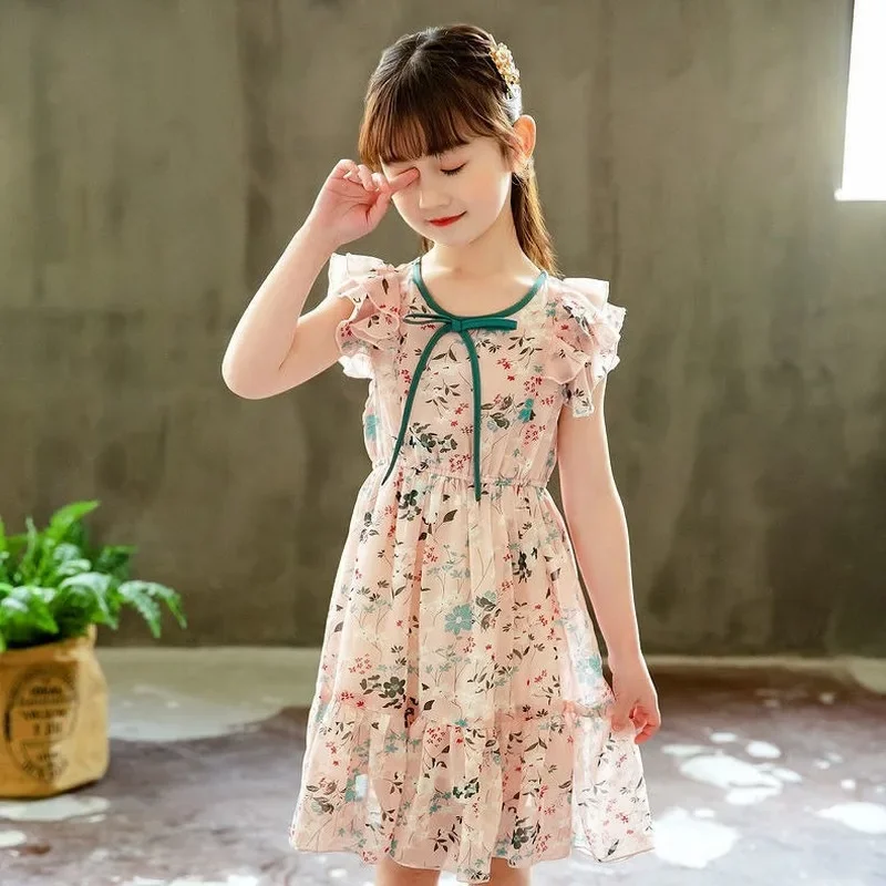 Summer Dress Girls Student Fashion Baby Party Princess Prom Tie-up Chiffon Dresses 2 3 4 5 6 7 8 9 10 12 Years Old Kids Clothes