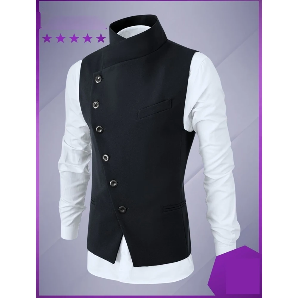 High-end Vest Male Black Fashion Stand Collar Single Breasted Waistcoat Smart Casual Groom Wedding Slim Fit Sleeveless Top 2023