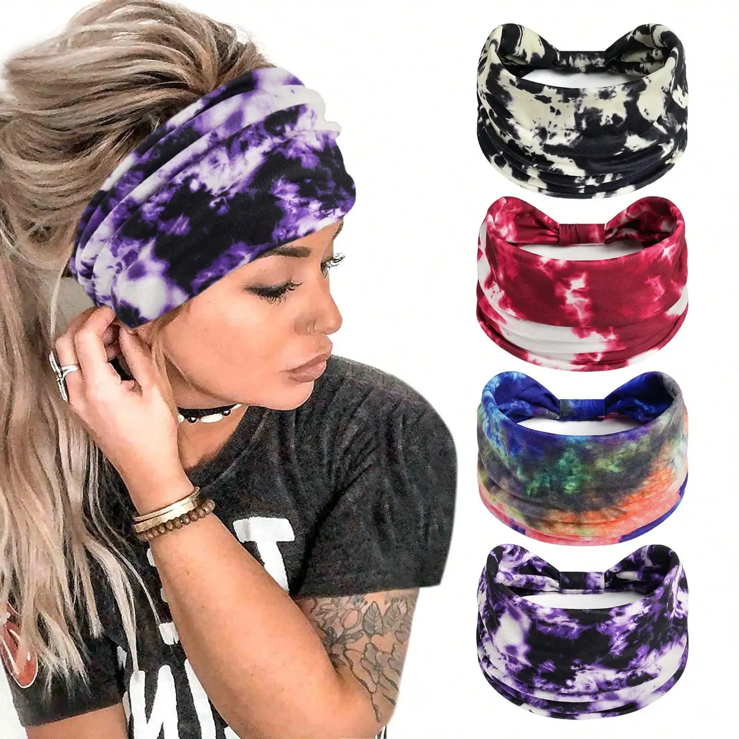 

4pcs Women Tie Dye Wide Headband Fashion Hair Accessory For Daily Street Gym Vacation