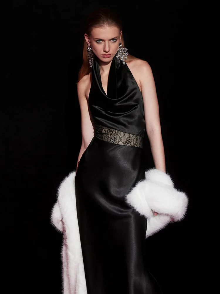 Ahagaga ファッション Hlater レディース マキシドレス ソリッド サテン レース パッチワー スリムフィット ボディコン セクシー バックレス エレガント パーティー ドレス