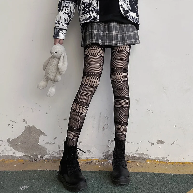 Stoking Pantyhose Jaring-jaring Manis Punk Gotik Wanita Anak Perempuan Legging Kaus Kaki Jaring Ukuran Besar Celana Ketat Pola Silang Garis Harajuku