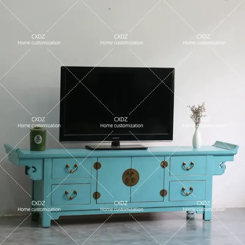 Solid Wood TV Cabinet for Living Room Modern Low Profile Floor Console with Flip Top Storage Simple Blue Media Stand