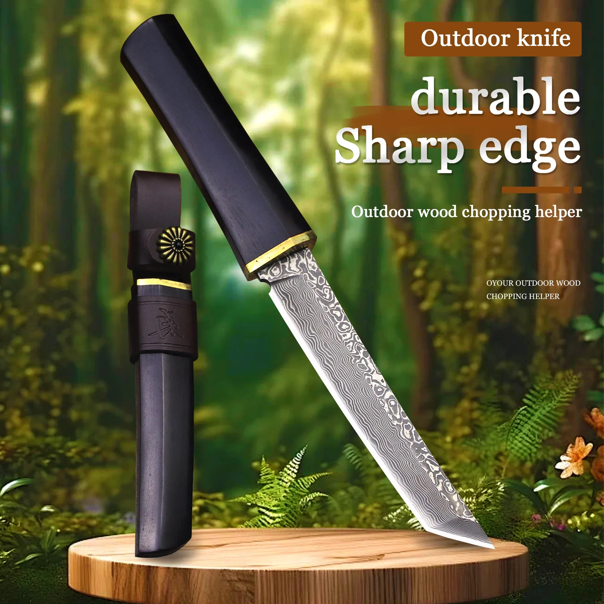 Japanese Damascus high hardness hunting knife, Ebony outdoor camping knife, jungle rescue knife, tool knife