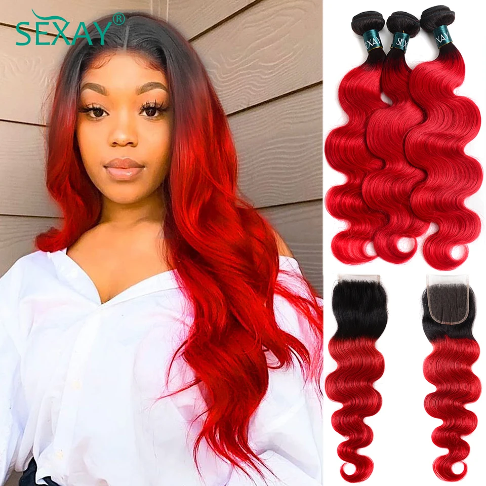 1B-mechones de cabello humano brasileño ondulado para mujer, extensiones con cierre de encaje transparente 4x4, color rojo ombré, 3 uds.