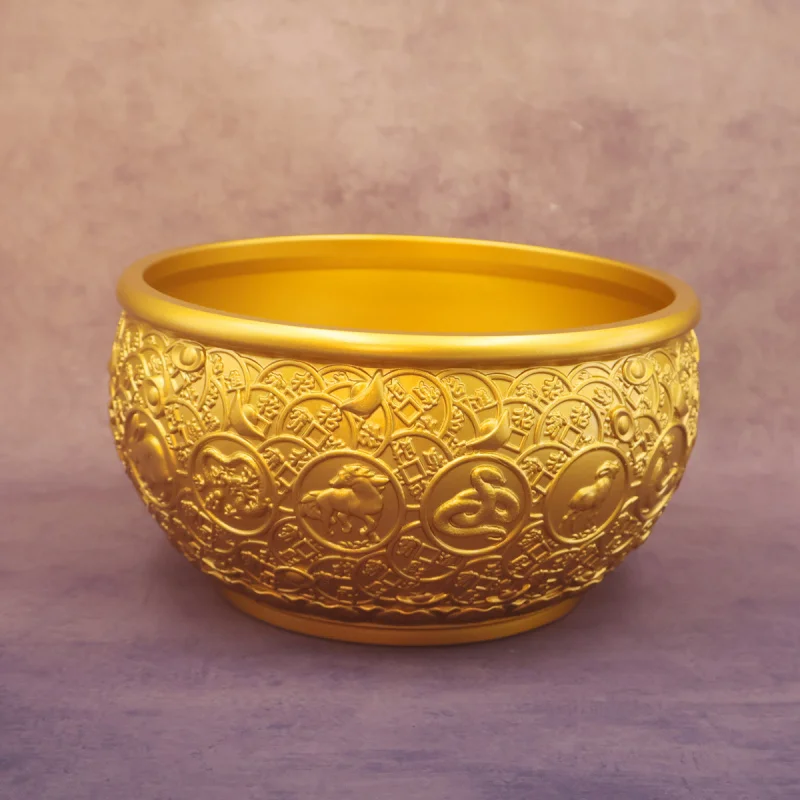 Brass Five Emperors Coin Lotus Base Twelve Zodiac Treasure Bowl Ornament Wealth-Attracting Rice Jar Opening Office