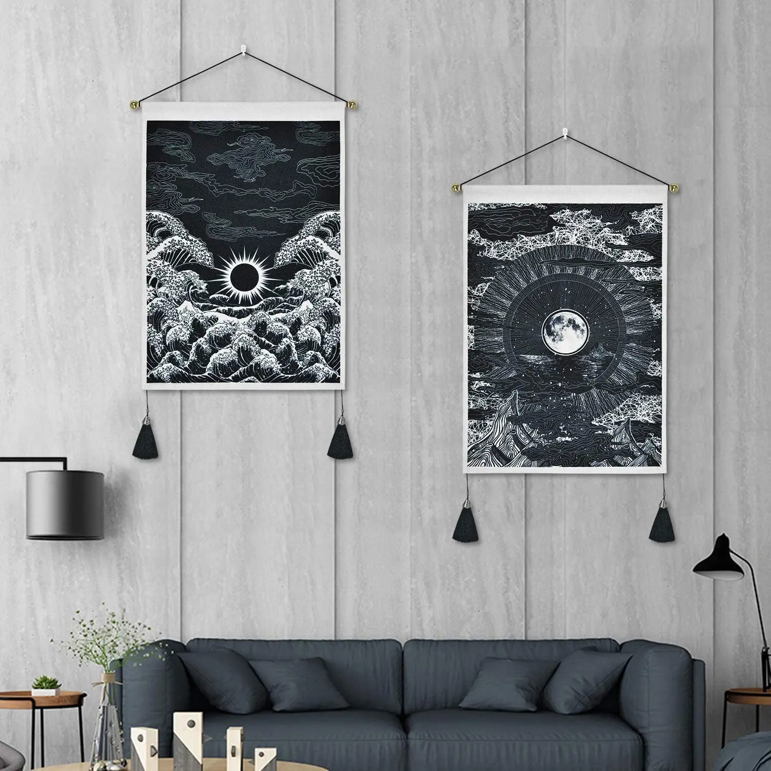 

Sun and Moon Tapestry Wall Hanging Wave Wall Tapestry Bohemian Psychedelic Tapestries Black and White Tapestry Room Home Decor