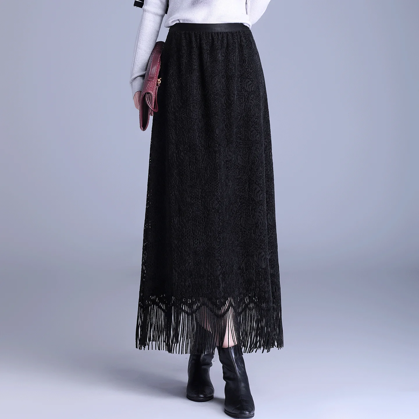 

Faionable Lace f Skirt Women's Thiened High Waist Slimming Tassel A-Line Long Skirt Korean Sle Commute Polyester Fiber