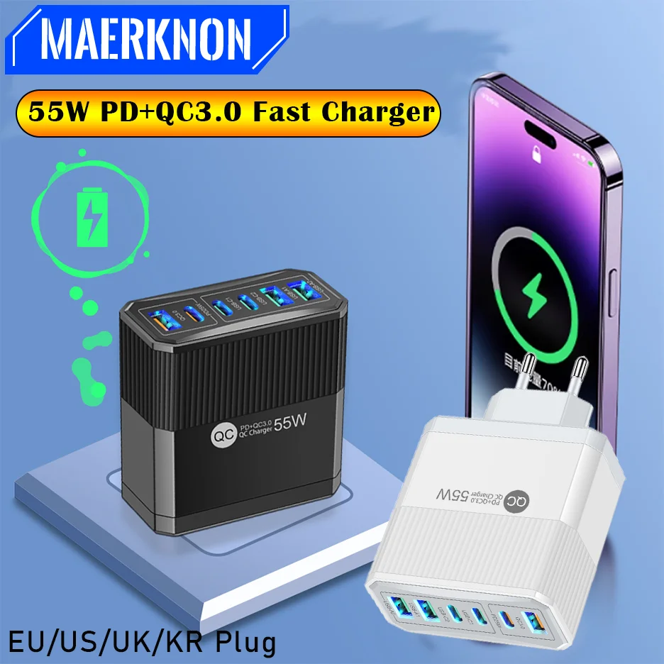 55W Fast Charging USB Charger 6 Ports Type C QC3.0 Mobile Phone Chargers For iPhone Xiaomi Samsung Huawei Smartphone Accessories