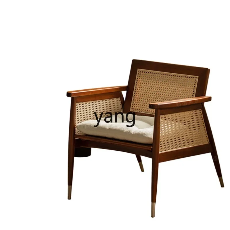 Yjq rattan living room leisure chair solid wood bedroom backrest medieval sofa chair walnut color