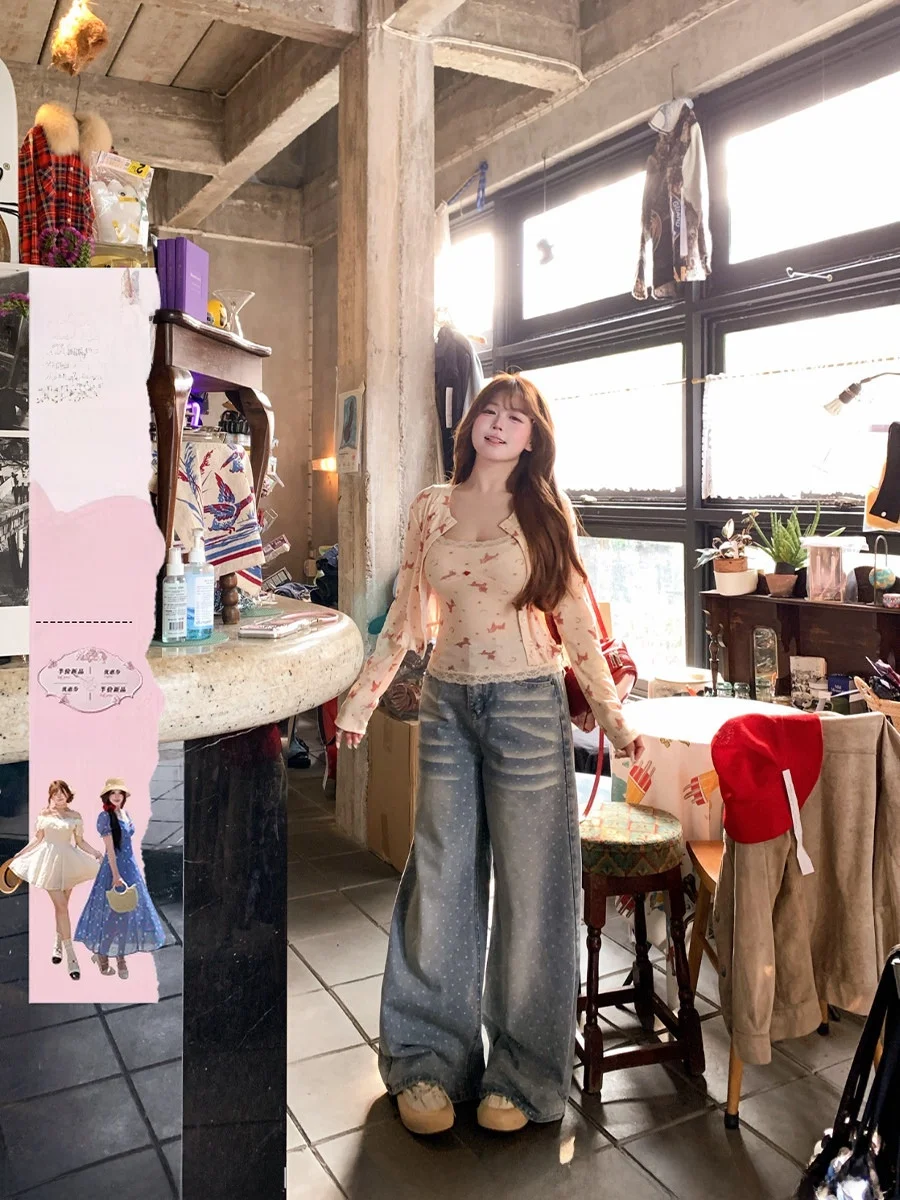 

Vintage Waed Polka Dot Embroidery Loose Fit Women's Jeans Anni Non-Fire Spring Series Blue Cotton Blend Casual Trousers