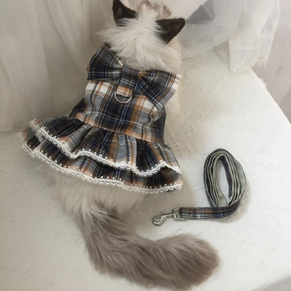 Cat Dresses Bowknot Decor Pet Leash Set Plaid Pattern Kitten Skirt With With Traction Rope Pleated Hemming Round Neck Dog Outfit