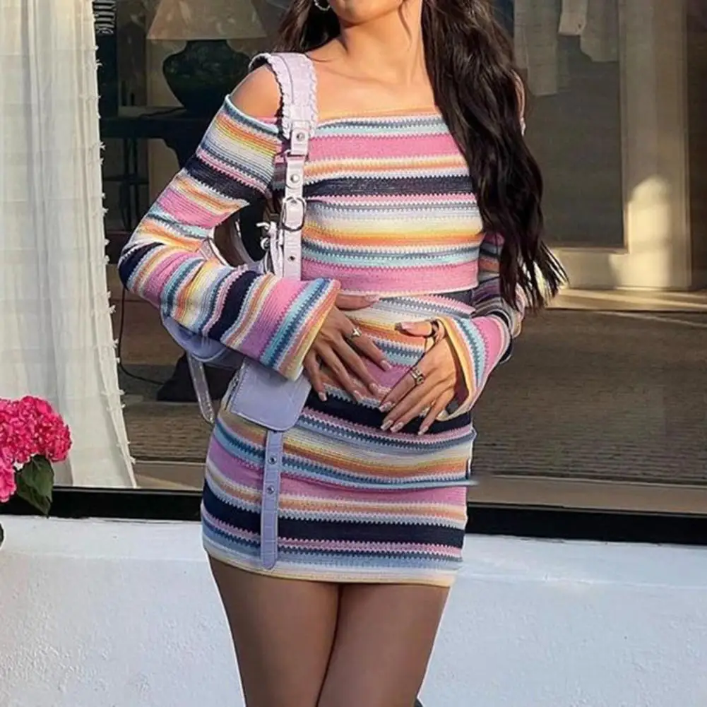 

Long Sleeves Hip Wrap Backless Mini Dress Striped Patchwork Print Off Shoulder Sexy Bodycon Dress Club Wear