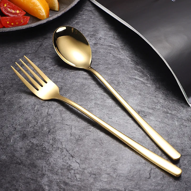 Korean Long Handle Stainless Steel Cutlery Sets Spoon Fork Buffet Golden Table Dinner Serving Tools Kitchenware