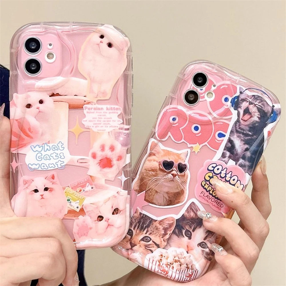 Korean Lovely Cat Pink Phone Case For iPhone 15 11 12 13 14 Pro Max XR X XS 7 8 Plus SE Cute Kitten Soft Wavy Chockproof Cover