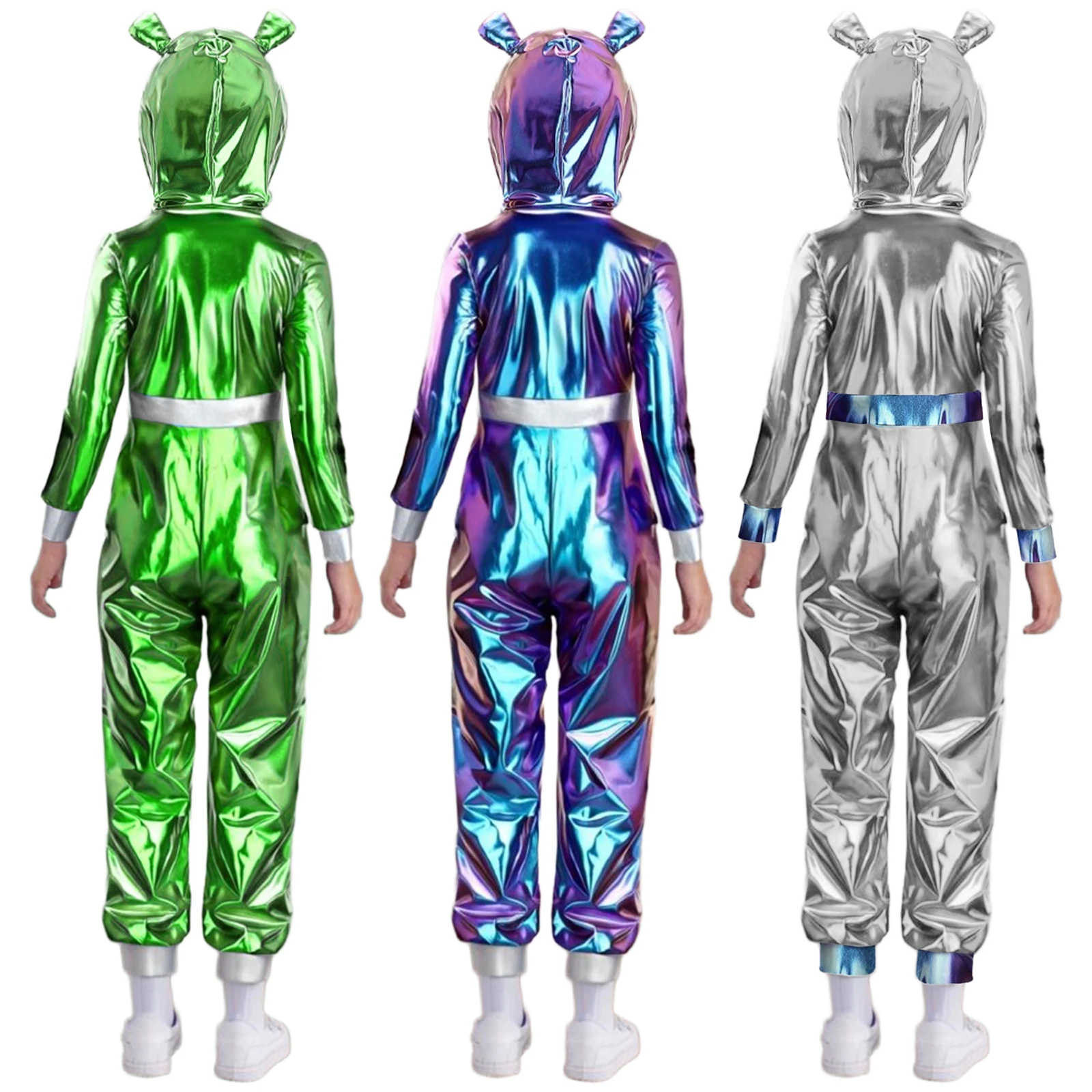 Costume cosplay da astronauta per bambini unisex a maniche lunghe con cerniera metallizzata lucida spazio alieno tuta con cappuccio robot festa a tema Halloween