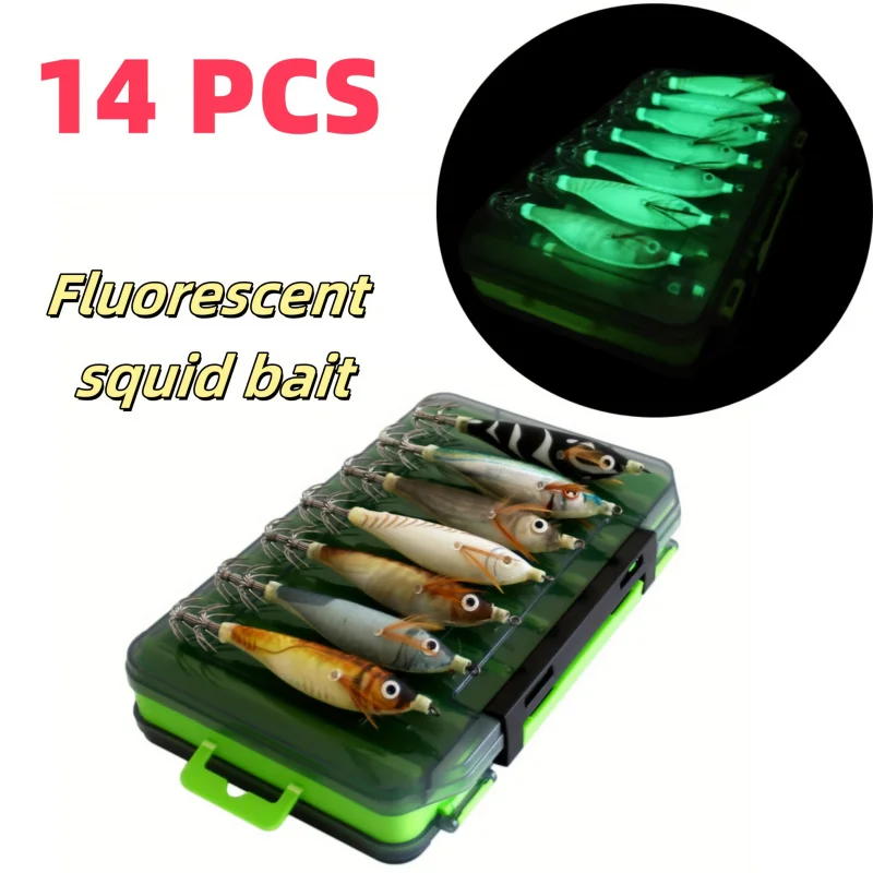 BRAVMACK 14pcs Luminous Squid Jigs Multi-Color Fishing Baits with Glow-in-the-Dark Features Realistic Design Durable Hooks Secur