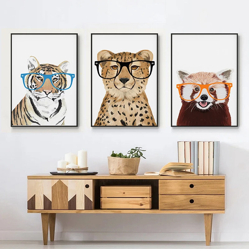Cute Animals Wearing Glasses Poster Duck Lion Giraffe Rabbit Monkey Hedgehog Canvas Painting Modern Wall Art Picture Home Decor