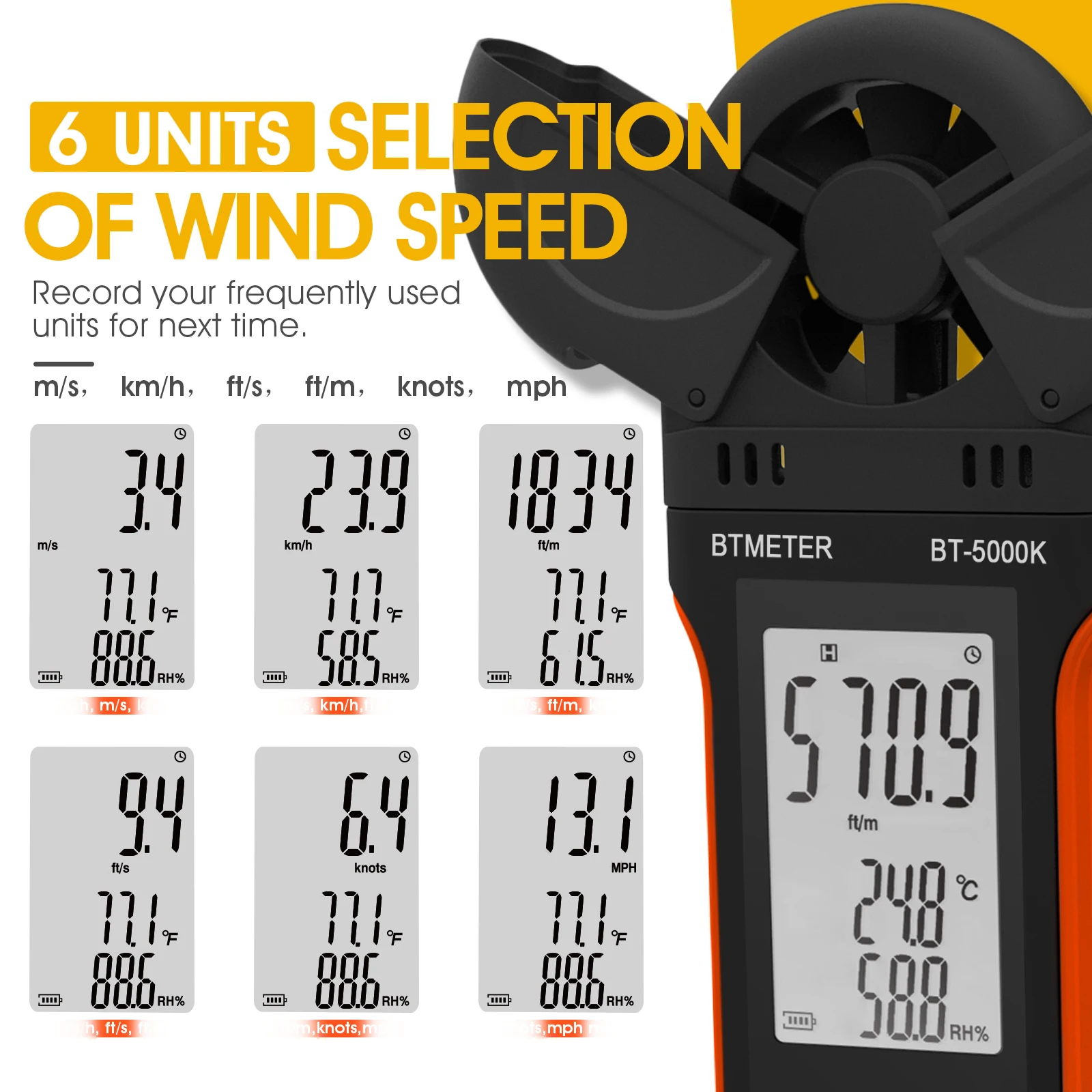 Miernik prędkości wiatru, cyfrowy anemometr zewnętrzny, BT-5000K mierzyć prędkość wiatru, prędkość 67 Mph, podświetlenie, powłoka ochronna
