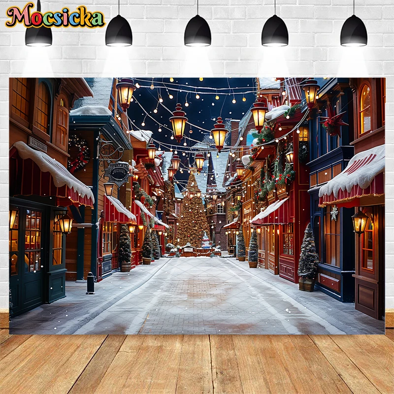 Mocsicka Christmas Night Street Backdrop For Adult Kids Portrait Photography Happy New Year Xmas Tree Lights Decor Background